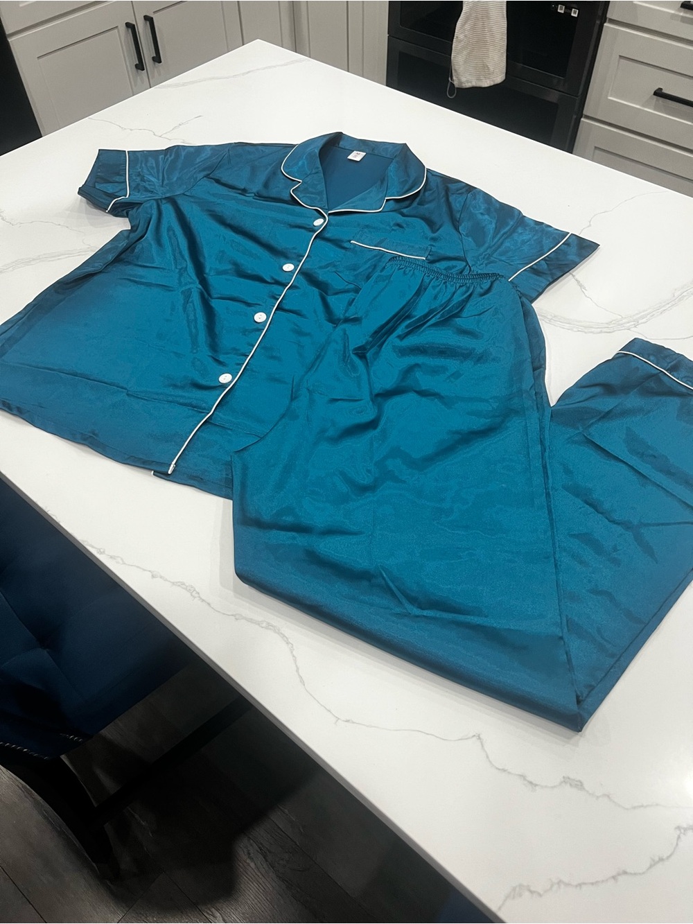 Women’s Satin-Style Teal Pajama Set with Piping